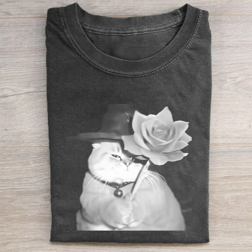 Elegant Cat with Rose Hat Graphic Print T-Shirt