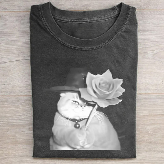 Elegant Cat with Rose Hat Graphic Print T-Shirt