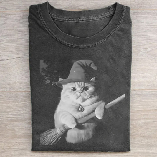 Witch Cat Holding Broomstick Graphic Print T-Shirt
