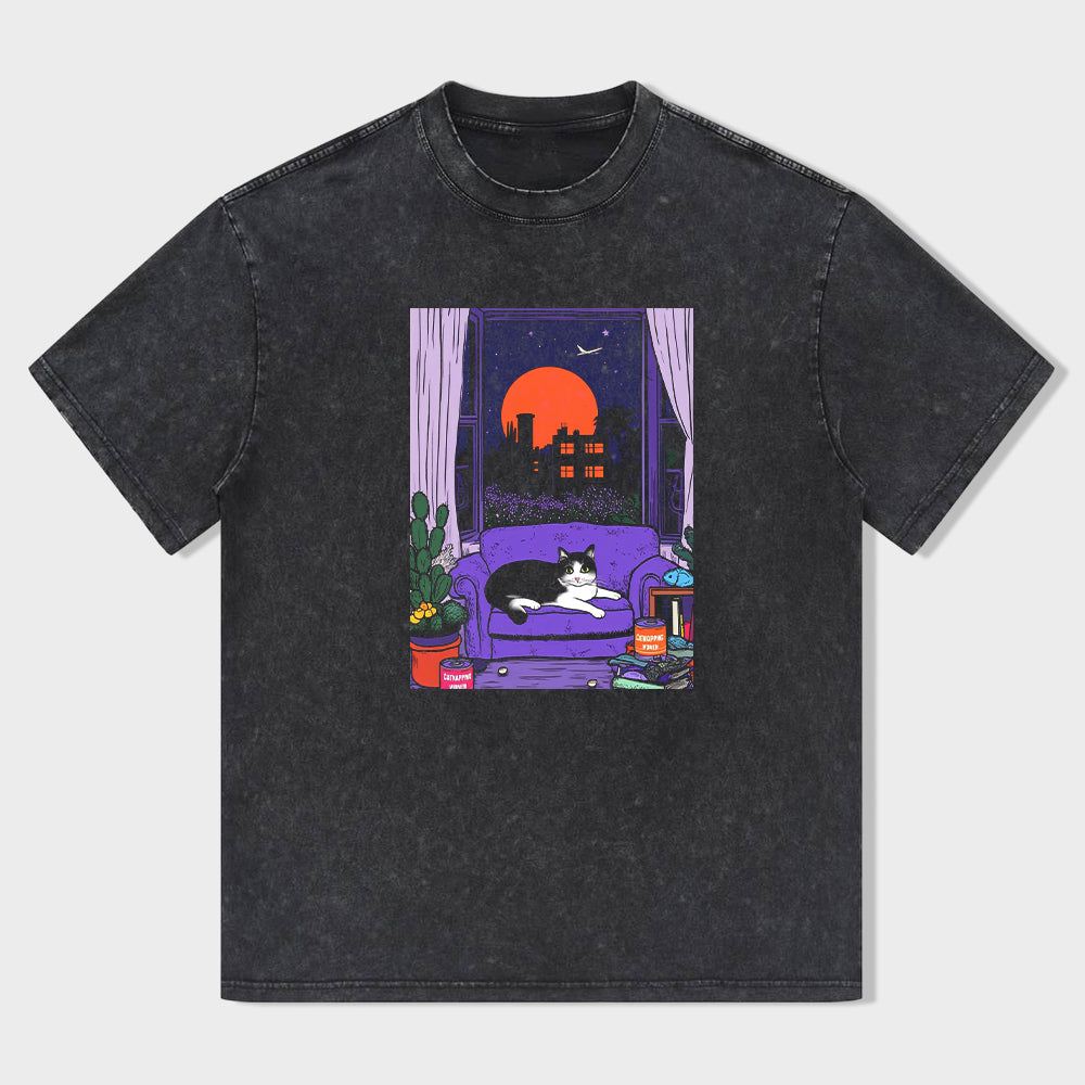Short Sleeve Black T-Shirt with Cozy Cat on Purple Couch Print for Casual Wear