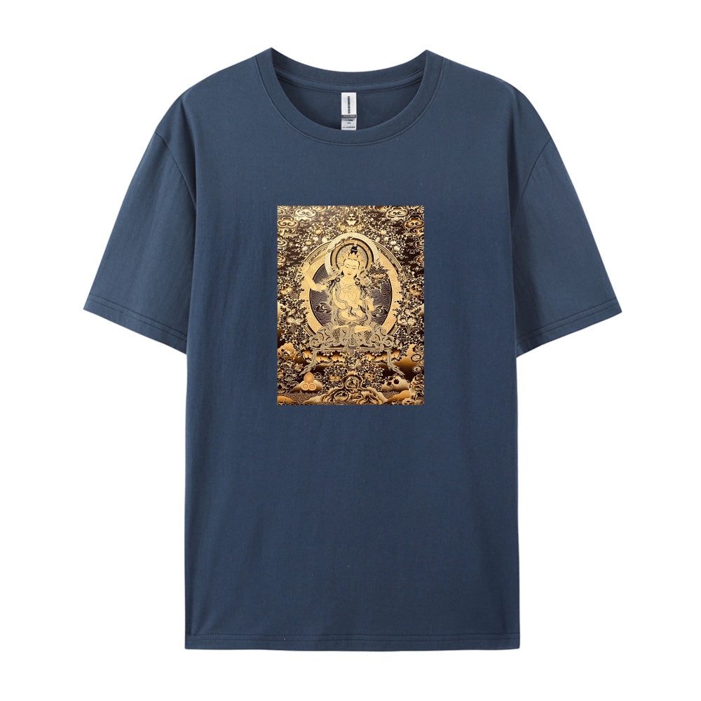 Buddhist Deity Art Print T-Shirt for Men Women  Spiritual Meditation Clothing  Unique Design Graphic Tee  Comfortable Casual Wear  Gold and Brown Pattern Top