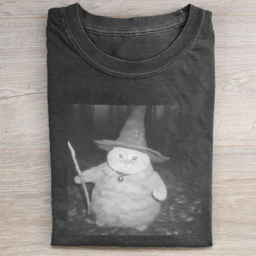 Witch Cat with Broomstick Halloween Graphic T-Shirt