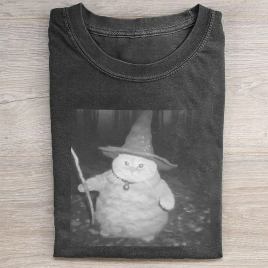 Witch Cat with Broomstick Halloween Graphic T-Shirt