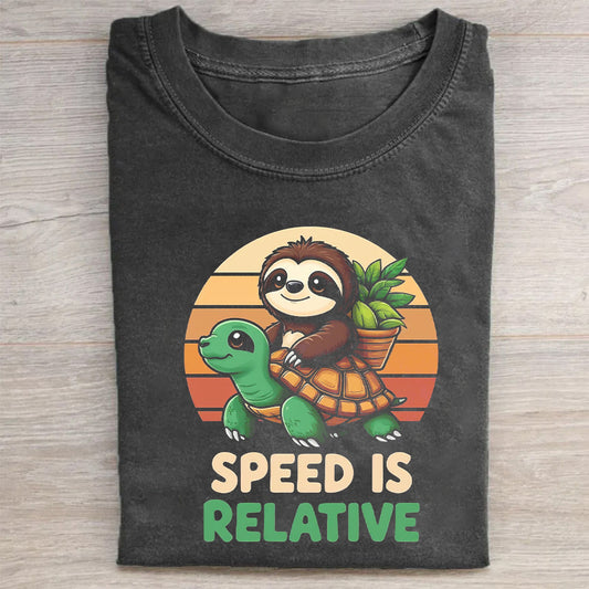 Speed is Relative Sloth Riding Turtle Graphic T-Shirt