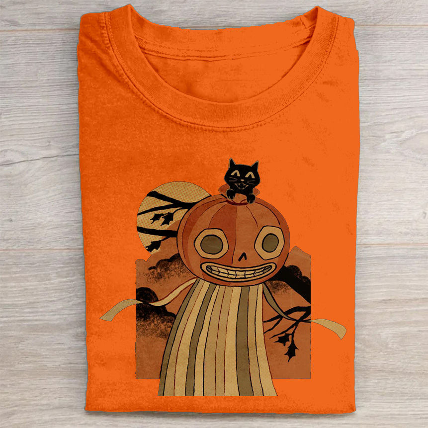 Halloween Pumpkin Cat Moon Night Graphic Print T-Shirt