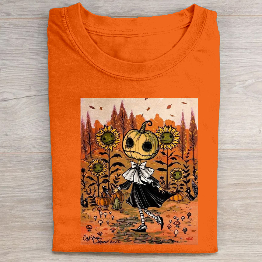 Pumpkin Head Sunflower Field Halloween Art Print T-Shirt