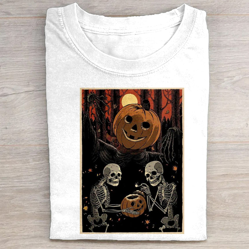 Halloween Pumpkin Skeletons Vintage Art Graphic T-Shirt