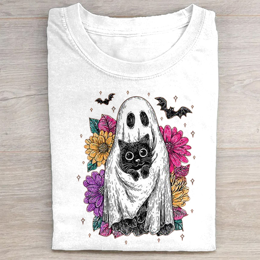 Cute Ghost Holding Black Cat with Floral Background Graphic T-Shirt