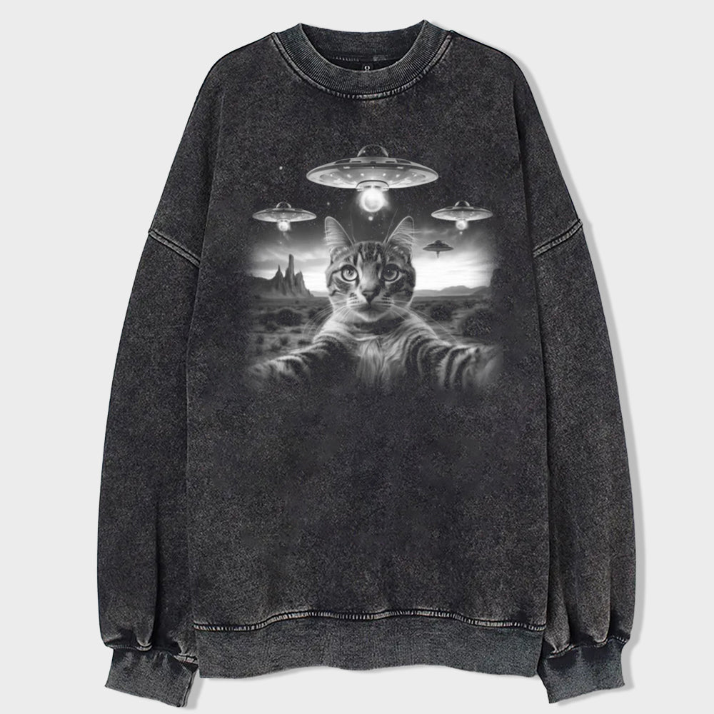 Cat Selfie With UFO Art Acid Wash Sweatshirt