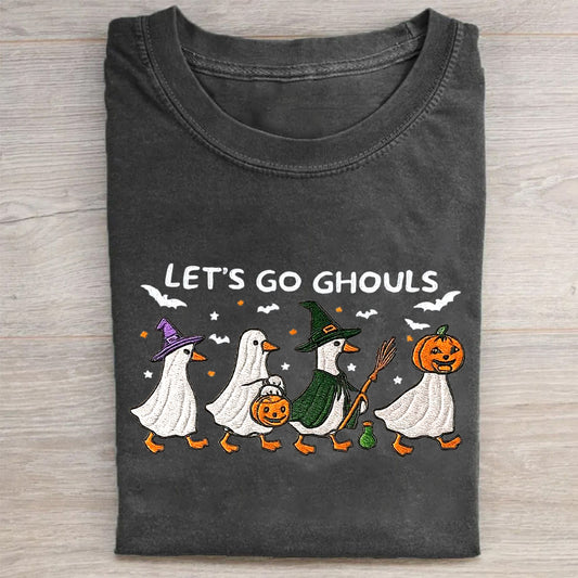 Let's Go Ghouls Halloween Ghosts and Pumpkin Graphic Print T-Shirt