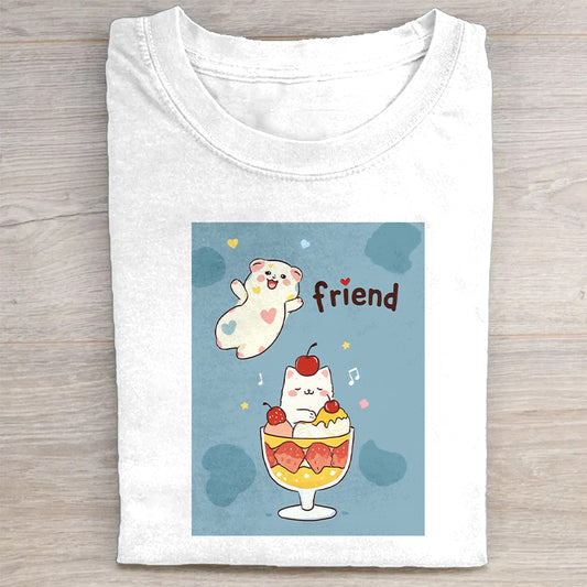 Cute Cartoon Ghost and Cat Ice Cream Bowl Design Graphic T-Shirt