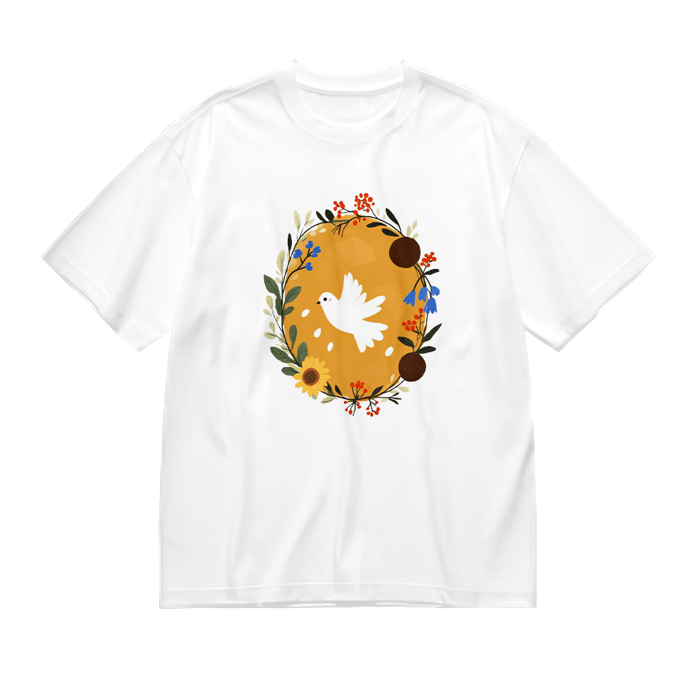 White T-Shirt with Floral and Bird Graphic Design