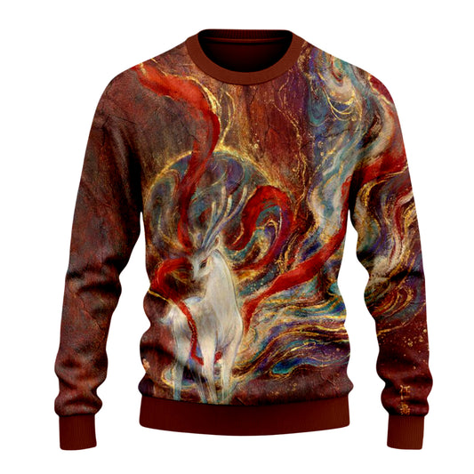 Dunhuang Art Fox Print Crewneck Sweater
