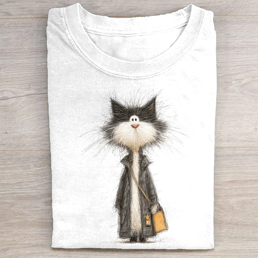 Furry Cat with Briefcase Graphic Print T-Shirt