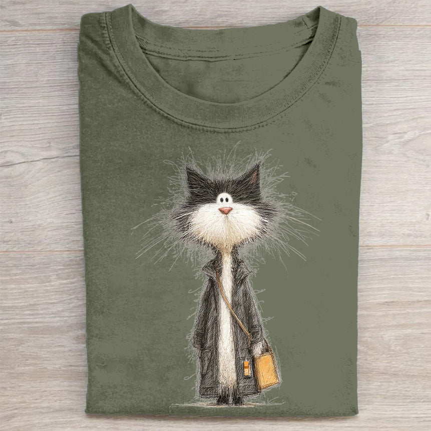 Furry Cat with Briefcase Graphic Print T-Shirt