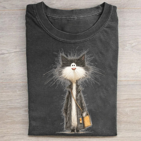 Furry Cat with Briefcase Graphic Print T-Shirt