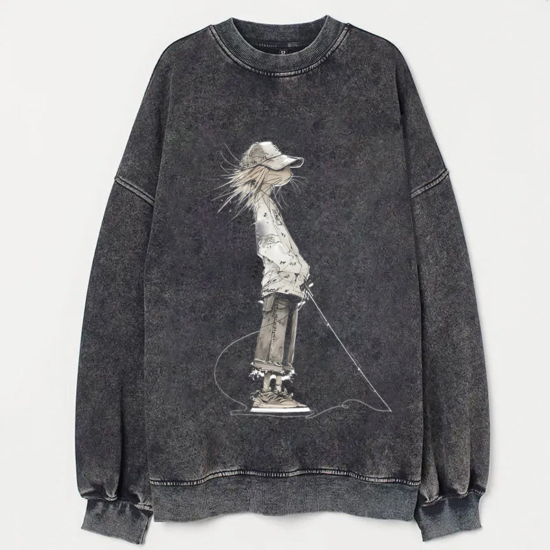 Fishing Boy Graphic Print Faded Black Crewneck Sweatshirt