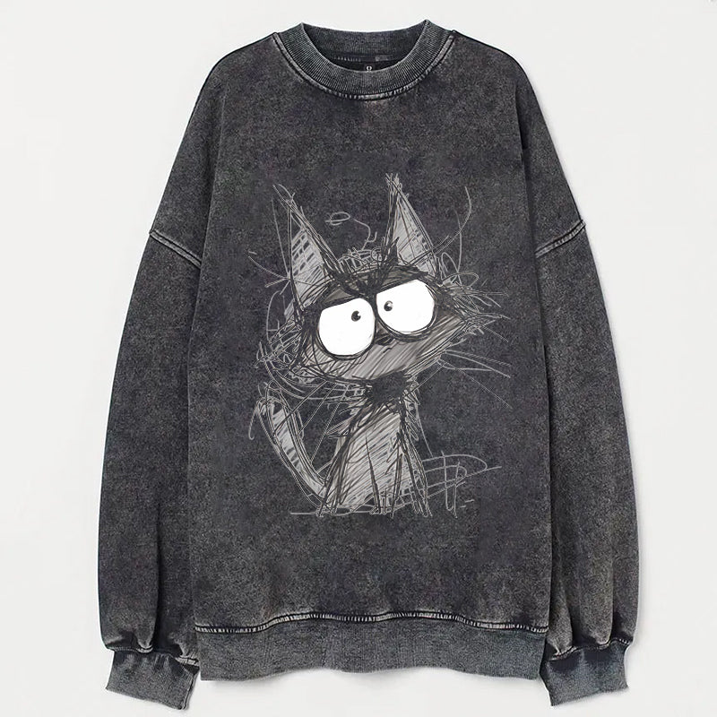 Cartoon Cat Graphic Print Faded Black Sweatshirt