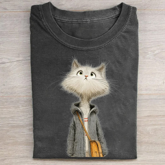Cute Cat in Hoodie with Satchel Graphic Print T-Shirt