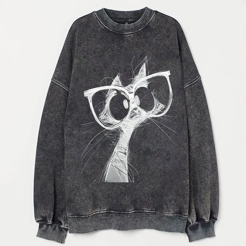 Abstract Cat with Glasses Print Casual Sweatshirt