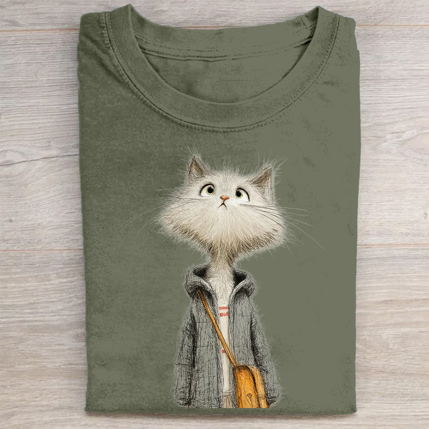 Cute Cat in Hoodie with Satchel Graphic Print T-Shirt