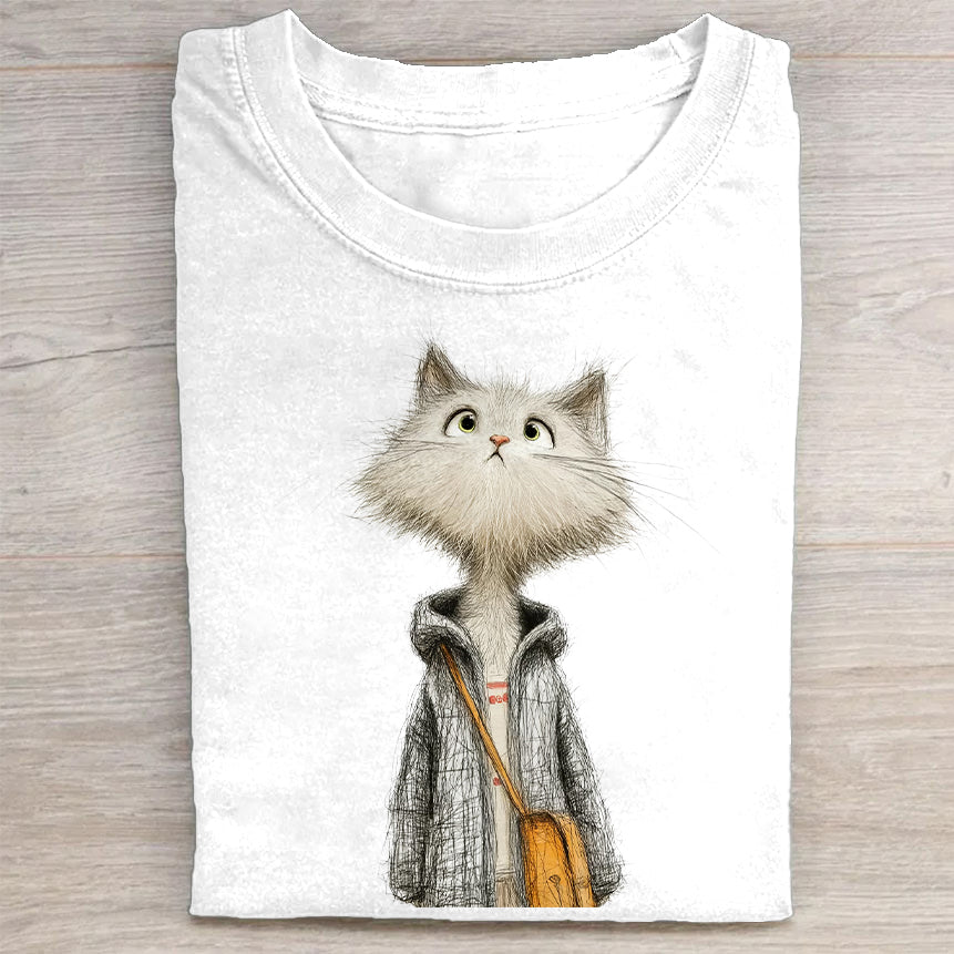 Cute Cat in Hoodie with Satchel Graphic Print T-Shirt