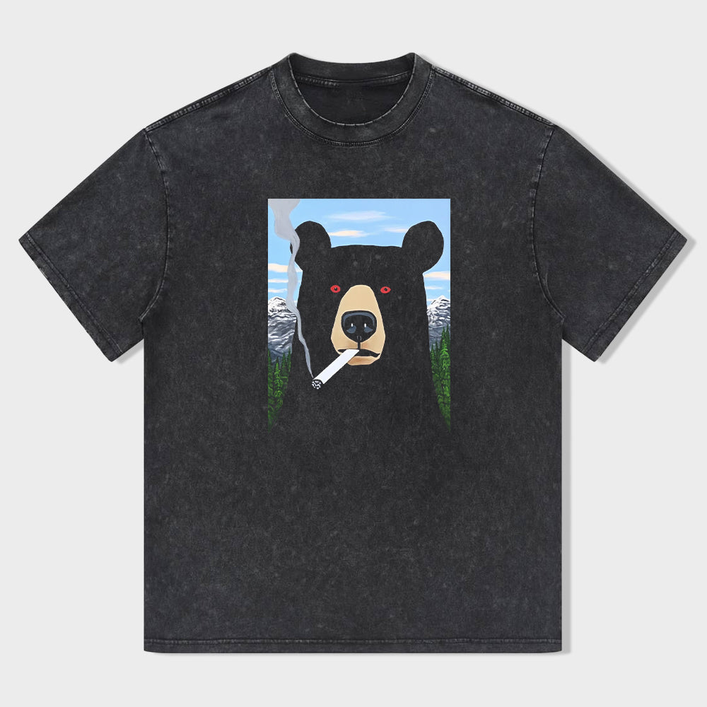 Short Sleeve Black T-Shirt with Cool Bear Smoking Design for Casual Wear
