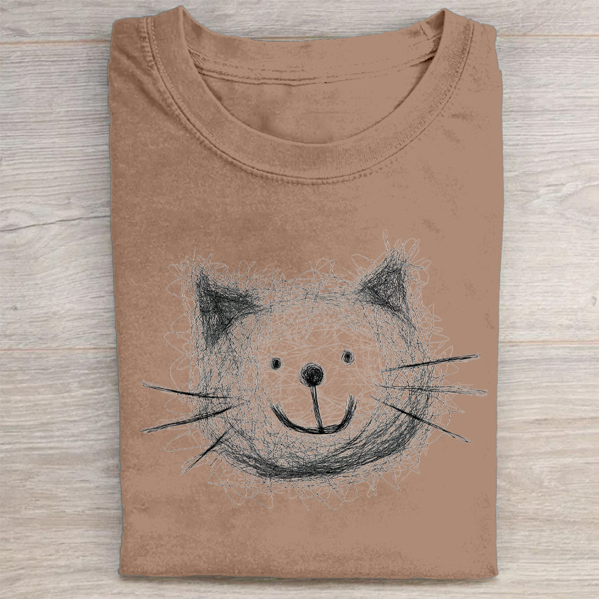 Chalk Cat Face Graphic Print T-Shirt