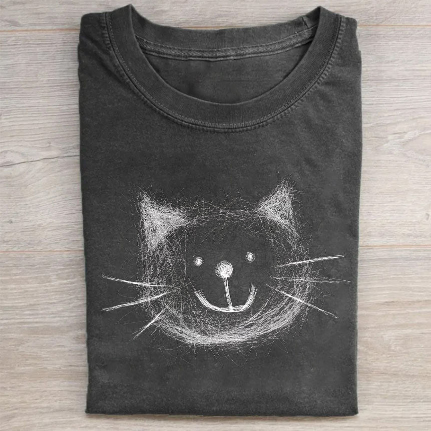 Chalk Cat Face Graphic Print T-Shirt