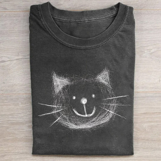 Chalk Cat Face Graphic Print T-Shirt