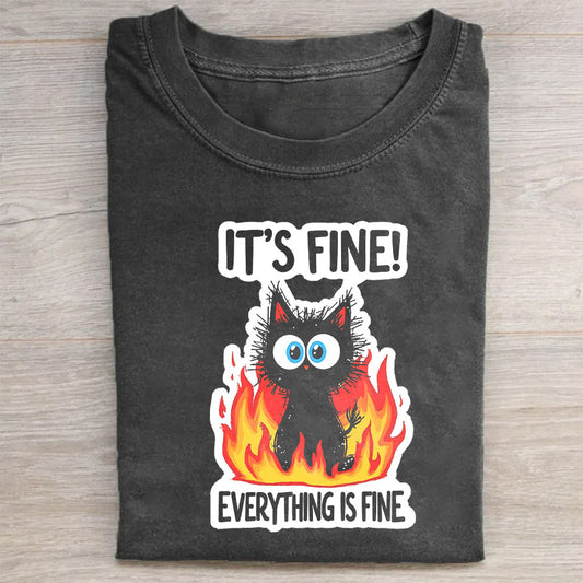 It's Fine Everything Is Fine Cat in Fire Graphic T-Shirt