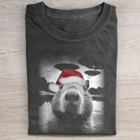Christmas Capybara Selfle With UFO Art Acid Wash Tee - heygraff