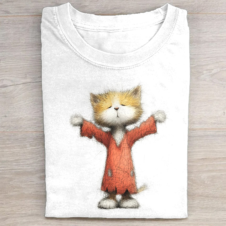 Cute Cat in Red Sweater Graphic Print T-Shirt