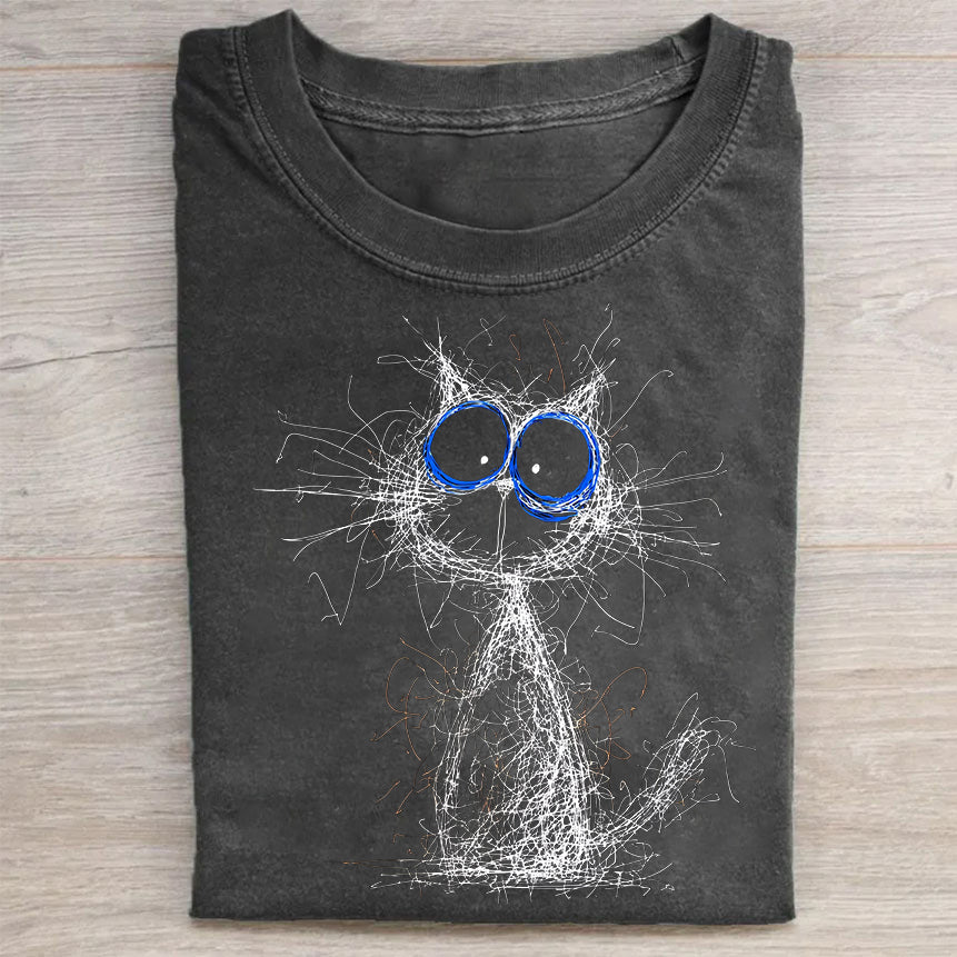 Abstract Cat Sketch with Blue Eyes Graphic T-Shirt