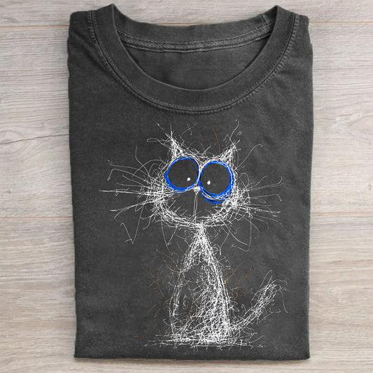 Abstract Cat Sketch with Blue Eyes Graphic T-Shirt