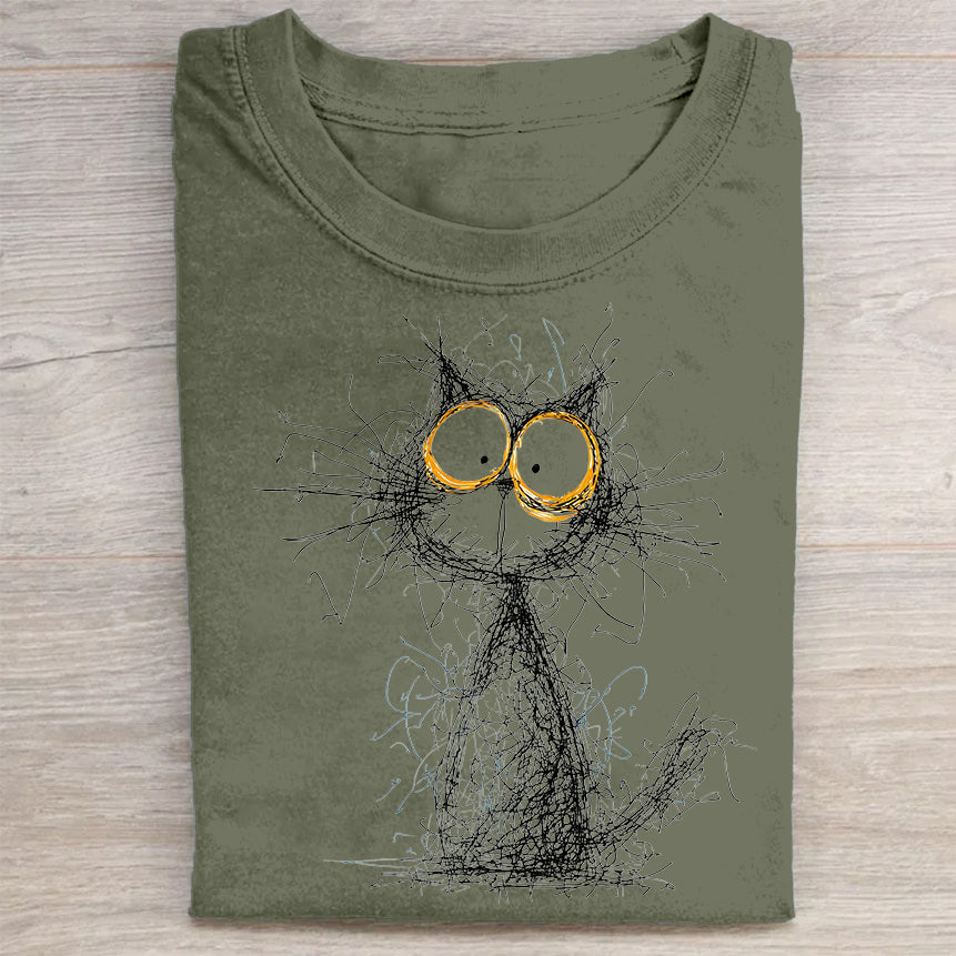 Abstract Cat Sketch with Blue Eyes Graphic T-Shirt