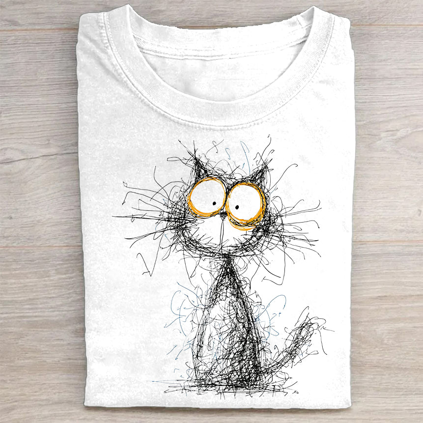 Abstract Cat Sketch with Blue Eyes Graphic T-Shirt