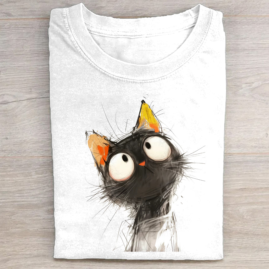 Cute Cat with Big Eyes Graphic Print T-Shirt