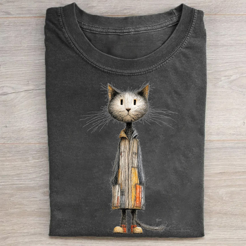 Chic Cat in Coat with Briefcase Graphic Print T-Shirt