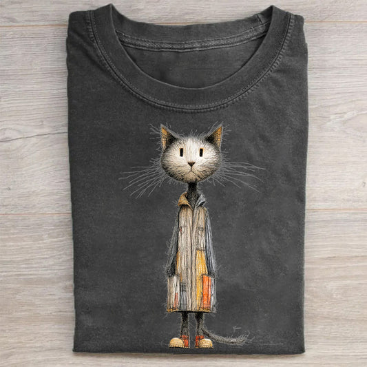 Chic Cat in Coat with Briefcase Graphic Print T-Shirt