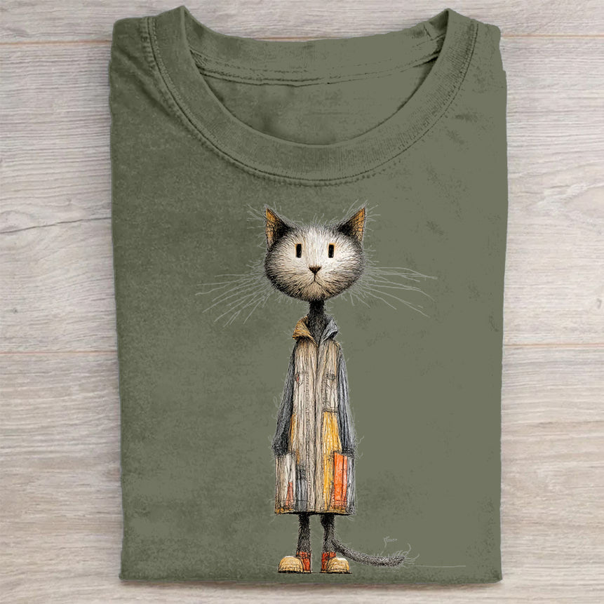 Chic Cat in Coat with Briefcase Graphic Print T-Shirt