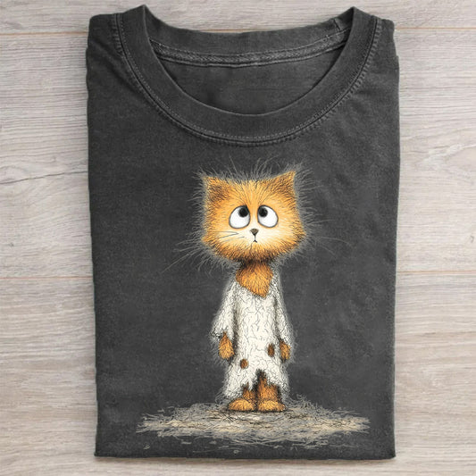 Cute Fluffy Cat in Pajamas Graphic Print T-Shirt