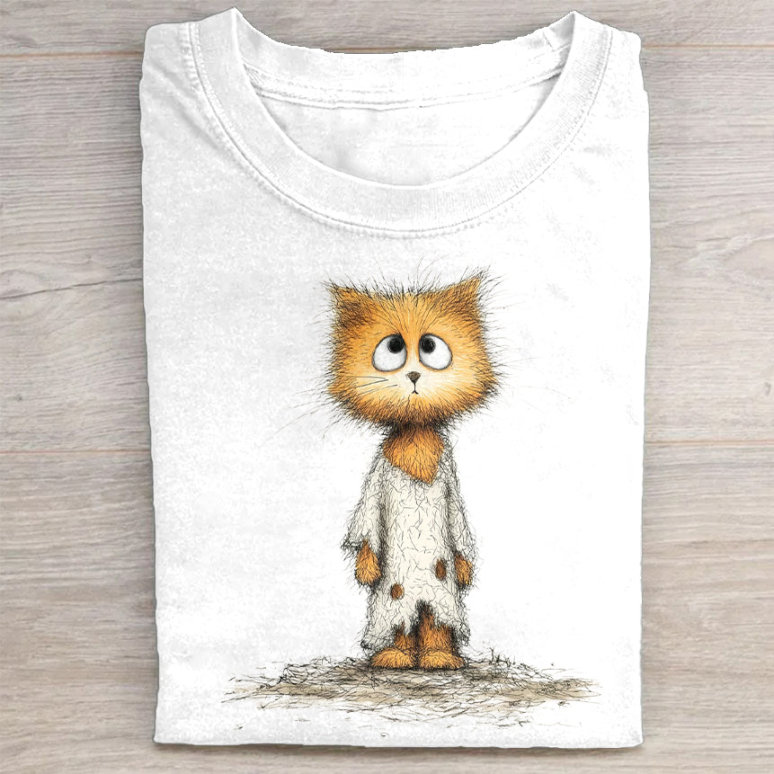 Cute Fluffy Cat in Pajamas Graphic Print T-Shirt