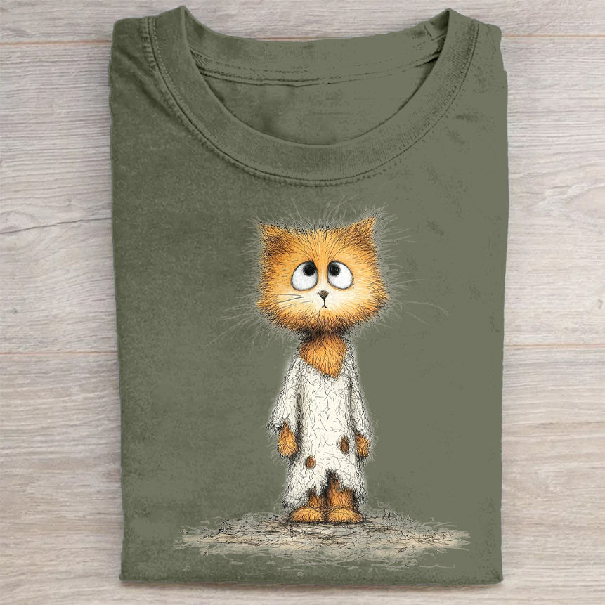 Cute Fluffy Cat in Pajamas Graphic Print T-Shirt