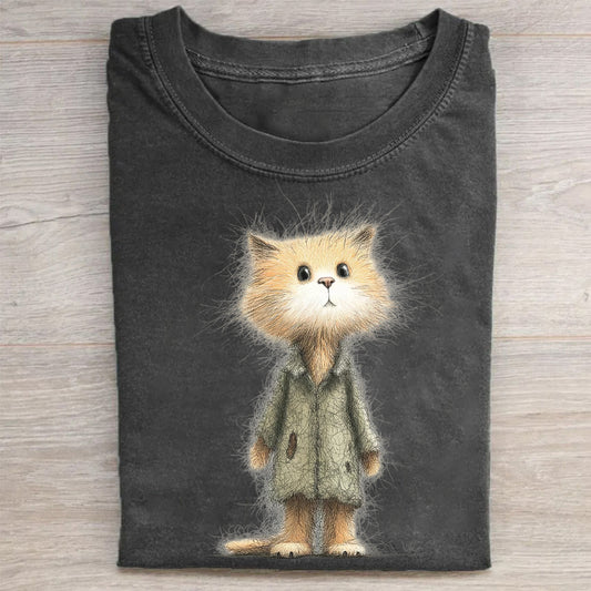 Cute Cat in Coat Graphic Print Casual T-Shirt
