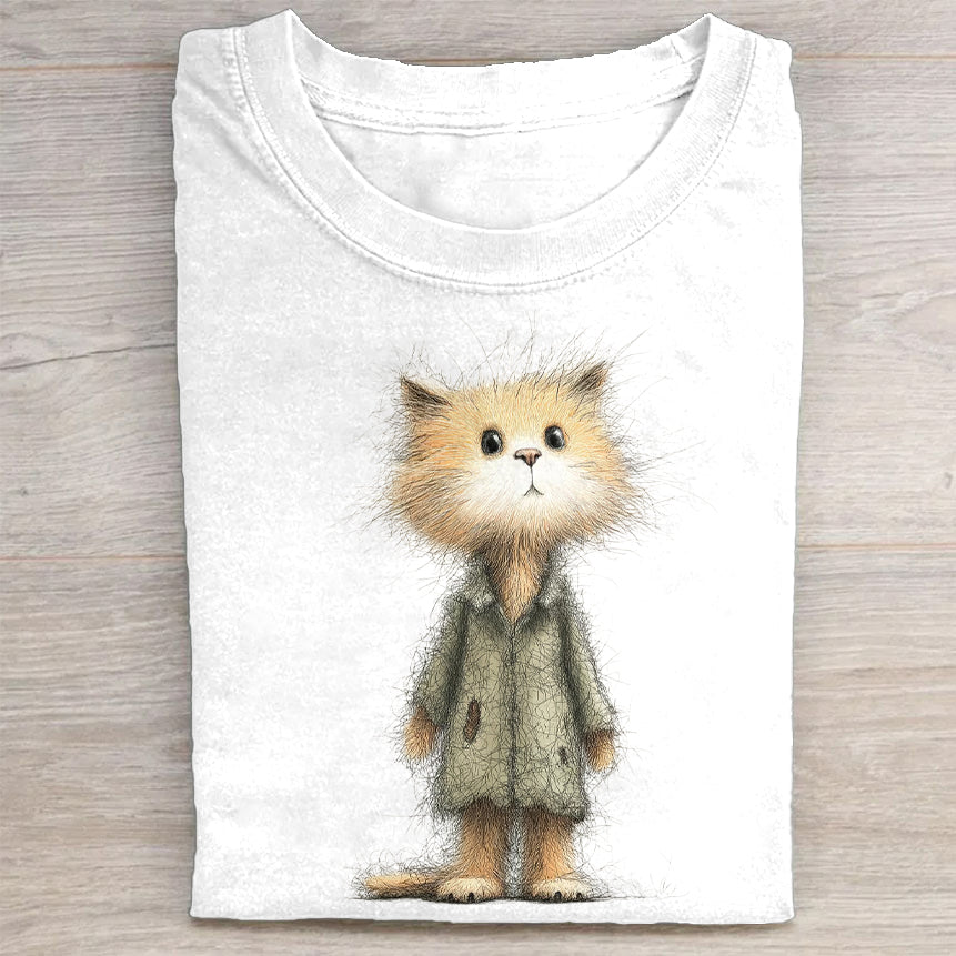 Cute Cat in Coat Graphic Print Casual T-Shirt