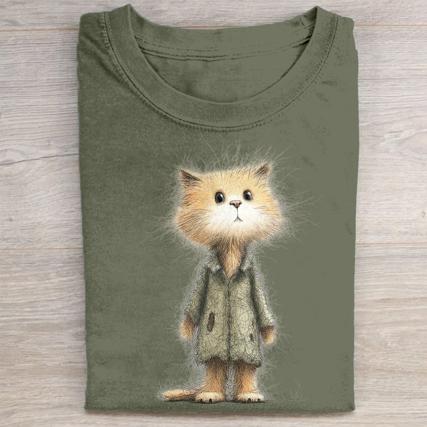 Cute Cat in Coat Graphic Print Casual T-Shirt