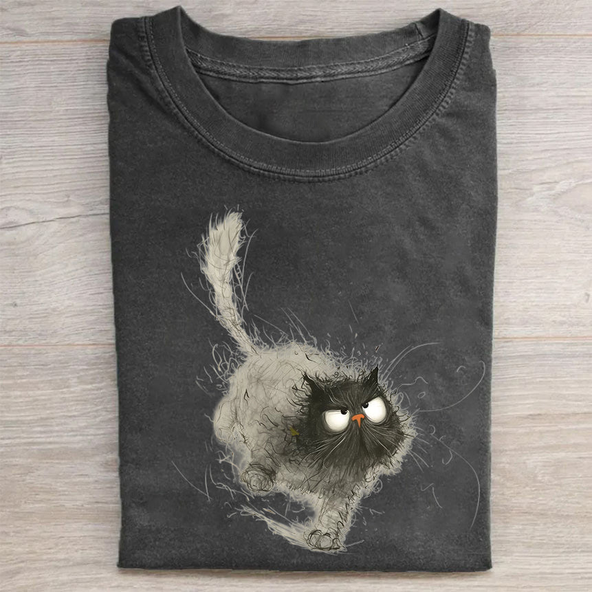 Fluffy Cat with Whiskers Graphic Print Round Neck T-Shirt