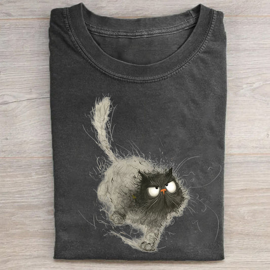Fluffy Cat with Whiskers Graphic Print Round Neck T-Shirt