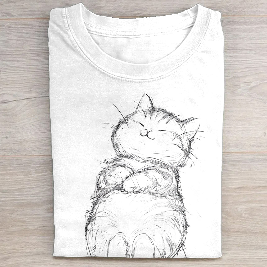 Whiskered Cat Sketch Graphic Print T-Shirt